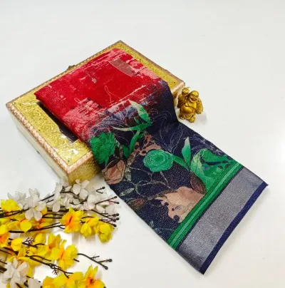 Large Floral & Leaf Print Design Soft Linen-Cotton Saree